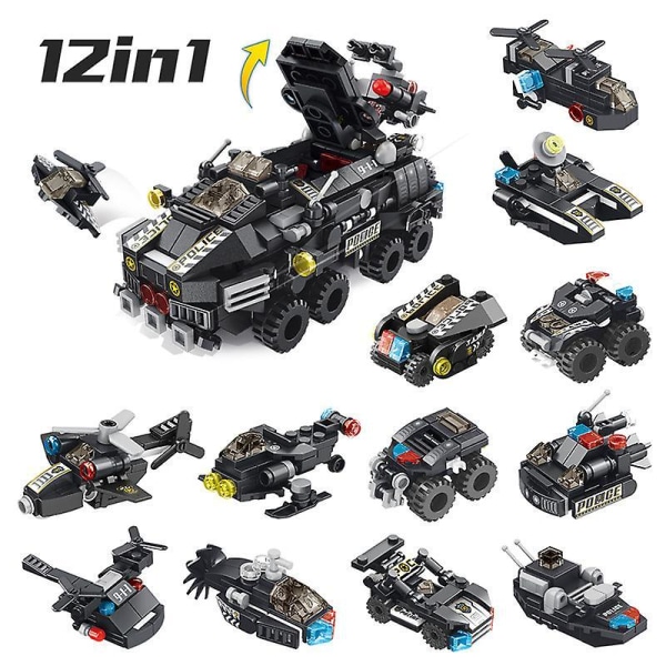 12 In 1 City Swat Armored Fighting Vehicle Air Defense Missile Car Boy Diy Puzzle Building Blocks
