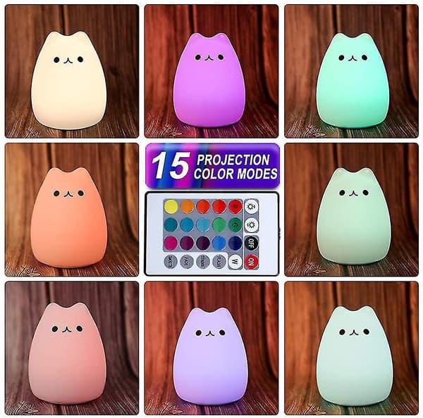 Children's Night Light, Kids Cat Lamp, Remote Control Dimmable Light With 16 Rgb