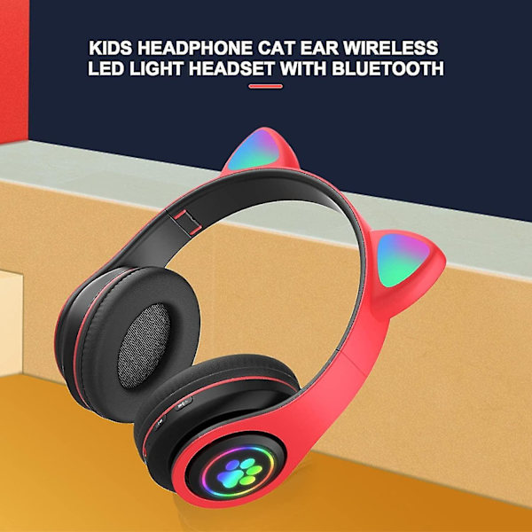 (rød) Børne Hovedtelefoner Bluetooth 5.0 Multifunktion Katteøre Ekstra Lang Batterilevetid Stereo Lyd LED Lys Sammenklappelig Justerbar Bærbar Headset Multi-farvet