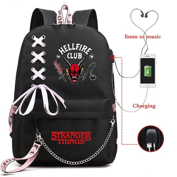 Stranger Things Hellfire Club Large-capacity School Bag Usb Charging Backpack Black 5