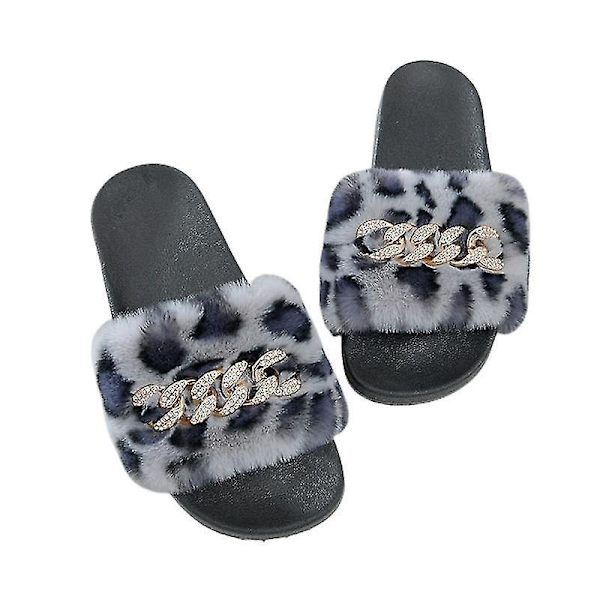 Bløde Faux Fur Slippers til Kvinder Behagelige Åben Tå Sandaler Med Fle LEOPARD 42