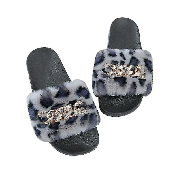 Women's Fluffy Faux Fur Slippers Comfy Open Toe Slides With Fle LEOPARD 42