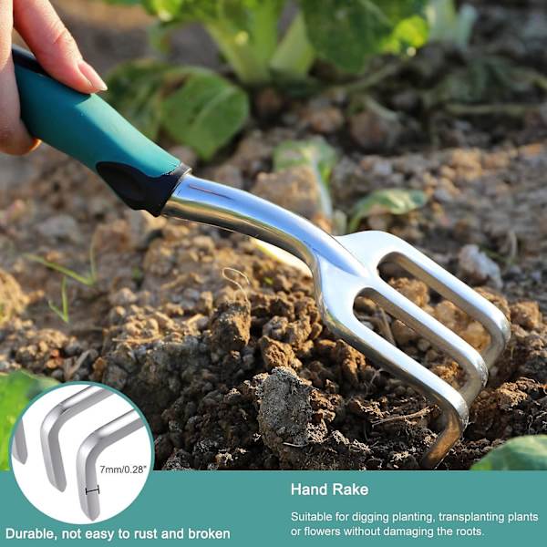 3-delt hageredskapssett, hageredskapssett laget av rustfritt stål, hageredskapssett, håndsparkel, plantesparkel, rake