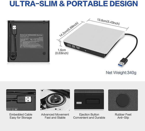 External Cd/dvd Drive For Laptop Usb 3.0 Ultra-slim Portable Burner Writer Compatible