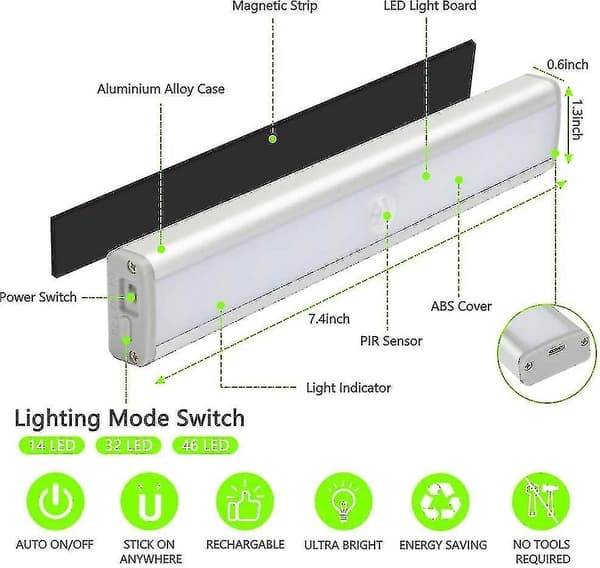 46 LED Lys, bevægelsessensor, 3 Belysningsindstillinger Trådløs USB Genopladelig Skabslampe