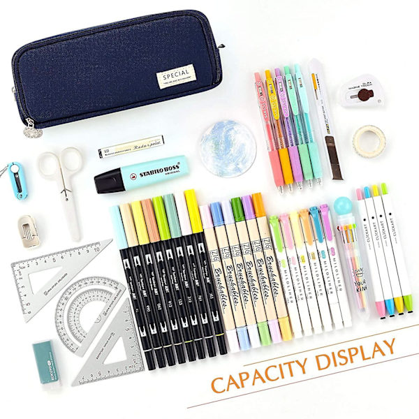 Large Pencil Case Big Capacity 3 Compartments Canvas Pencil Pouch For Students black