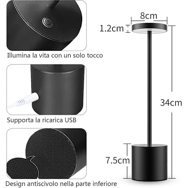 Fong Trådløs Bordlampe, Genopladeligt Batteri, 2 Lysstyrkeniveauer, Metal Sengelampe, Til Stue, Soveværelse, Kontor, Studio (sort)