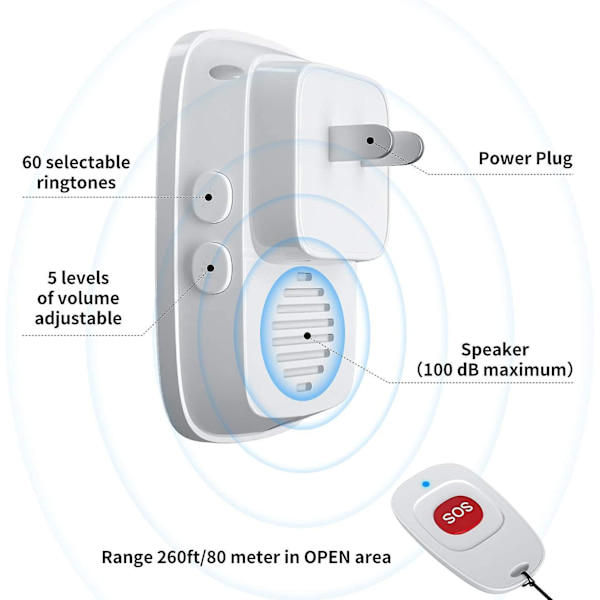 Caregiver Pagers Wireless Call Button For Elderly Patient Personal In Home Life Alert System For Seniors Range 260ft/80menter,60 Ringtones (1sos Butto