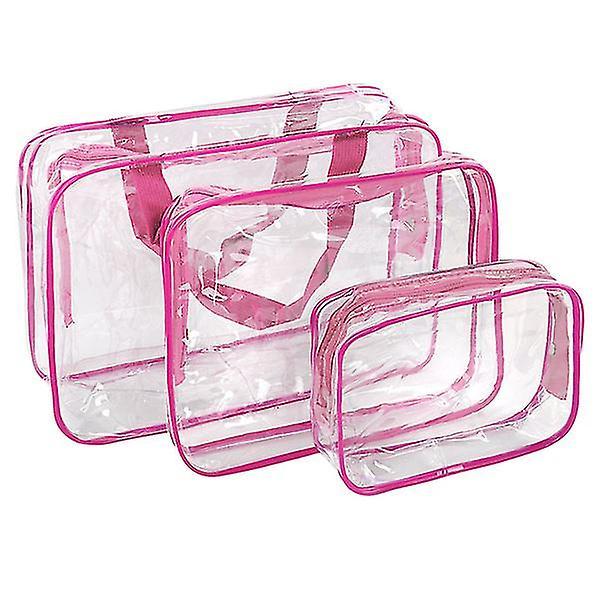 3 Pieces Crystal Clear Portable Travel Cosmetic Bag Makeup Toiletry Wash Bag Holder Pouch Set Pink