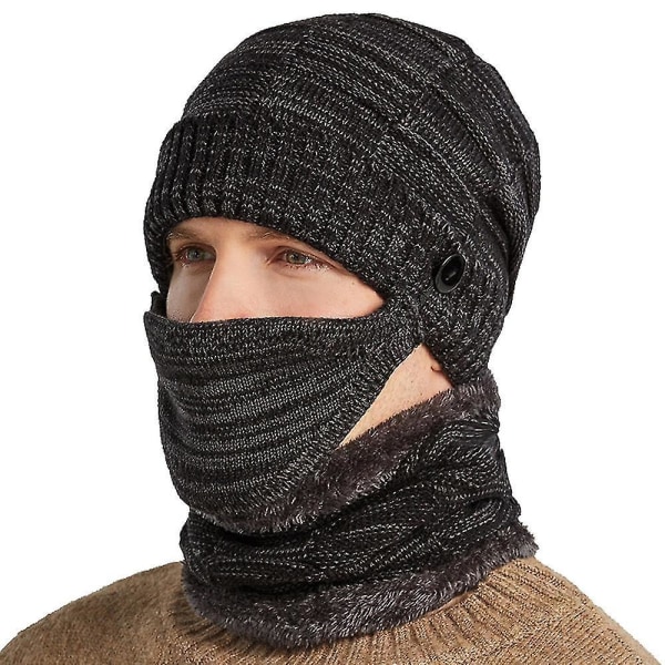 men Knit Fleece Beanie Hat Neck Scarf Face Cover Set Winter Warm Ski Snood Cap