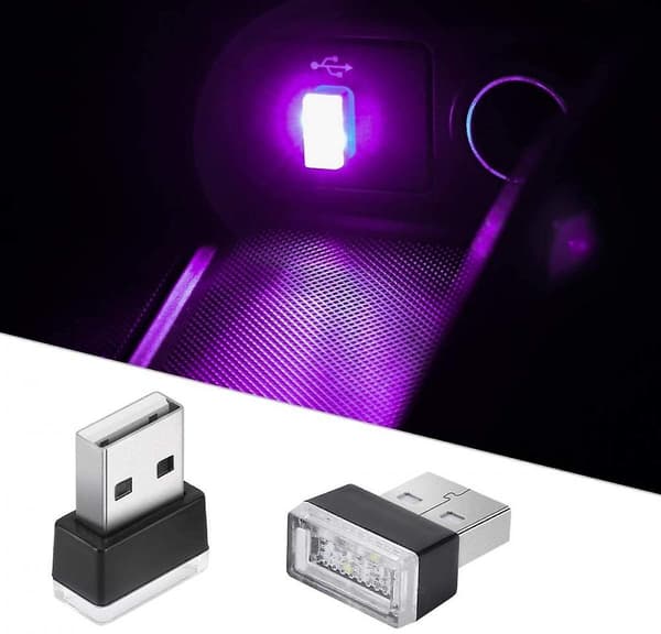 2 stk. USB LED Atmosfærelys Mini Bil Interiør Tilbehør Ambient Lampe Universal (lilla)