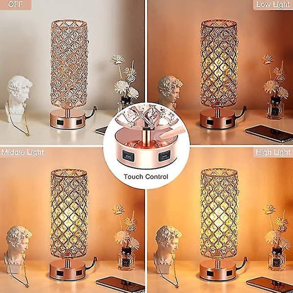 Crystal Lamp Table Lamp With Usb Ports 3 Way Dimmable Light Bedside Lamp Small Touch Light Rose Gold