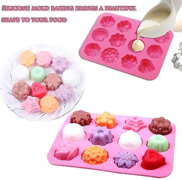 4 stk. 12 hulrum silikone blomstersæbeform muffinpan kagebrødform silikone buddingform blomsterkageforme chokolade gelé slikbageform - pink
