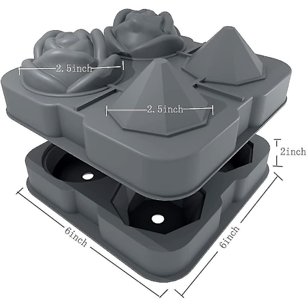Ice Cube Tray, 2.5 Inch Ice Cube Silicone Molds, 2 Cavity Rose & 2 Diamond Ice Ball Maker Grey