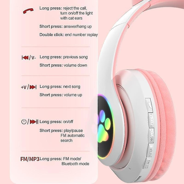 Wireless Bluetooth Headphones Cat Ear Headset With Led Light Black