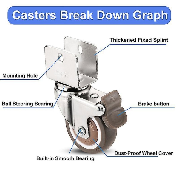 1.5 Furniture Crib Casters Cabinet Clamp With Brake Wheels Soft Rubbe N0.3 22mm