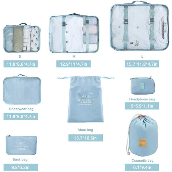8 Dele Rejse Cube Foldbar Taske Organizer Letvægts Bagage Organizer (blå) Navy blue
