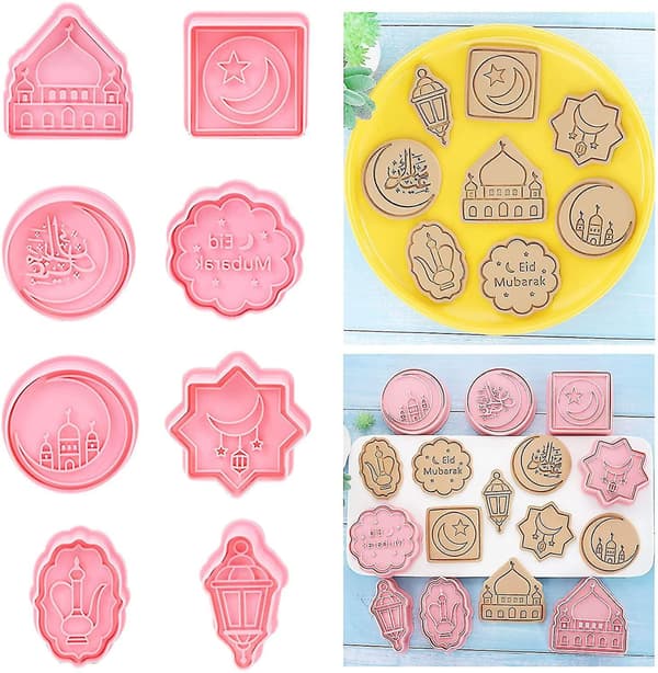 8 kpl Eid Mubarak -keksileikkurisetti, Muslim Ramadan 3D -sokerikeksileikkuri Type A