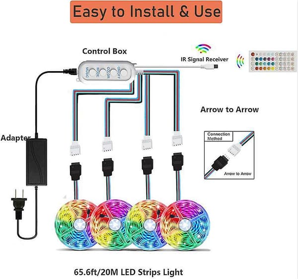 65.6 Ft Led Strip, Rgb Color-changing Led Light With 44-key Remote Control