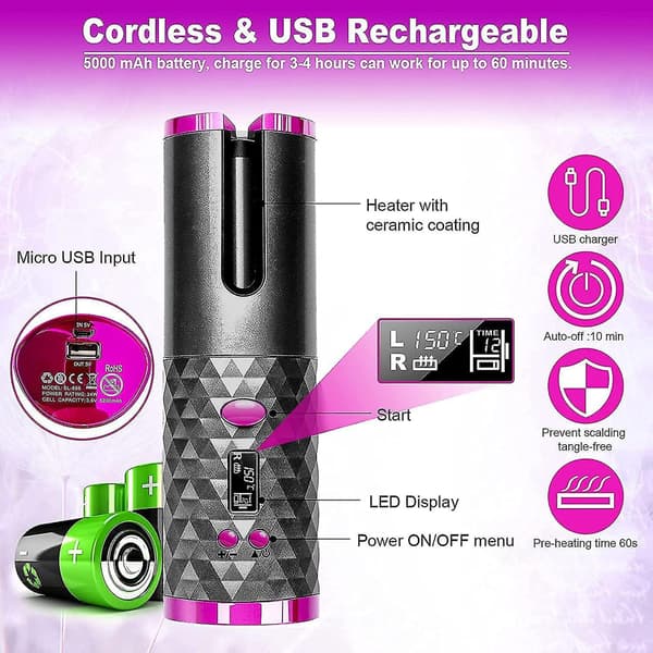 Cordless Automatic Hair Curler Portable Wireless Curling Iron Wand With Lcd Display Grey