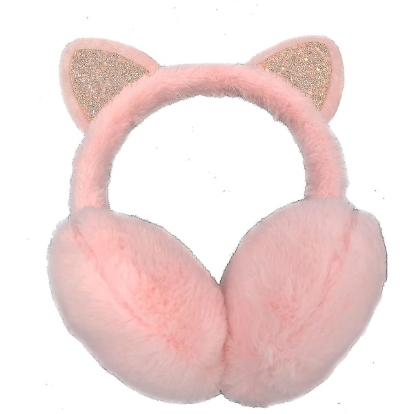 Girls Earmuffs Sequins Cute Cat Ear Muffs In Colorful Plush Warm Design Pink