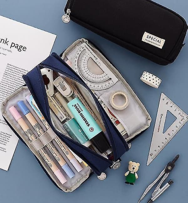 Large Pencil Case Big Capacity 3 Compartments Canvas Pencil Pouch For Students black