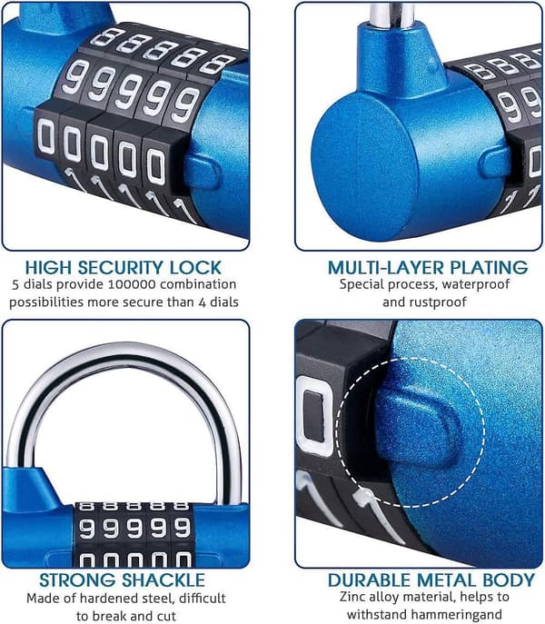 5-digit Combination Lock Padlock, Combination Lock, Resettable For School, Gym, Case, Toolbox, Fence, Cabinet, Etc. - Red And Black (2 Pack, Blue)
