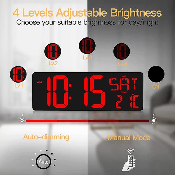 Digital Wall Clock With Remote Control, 16.5" Led Digital Alarm Clock, Countdown Timer With Large Display