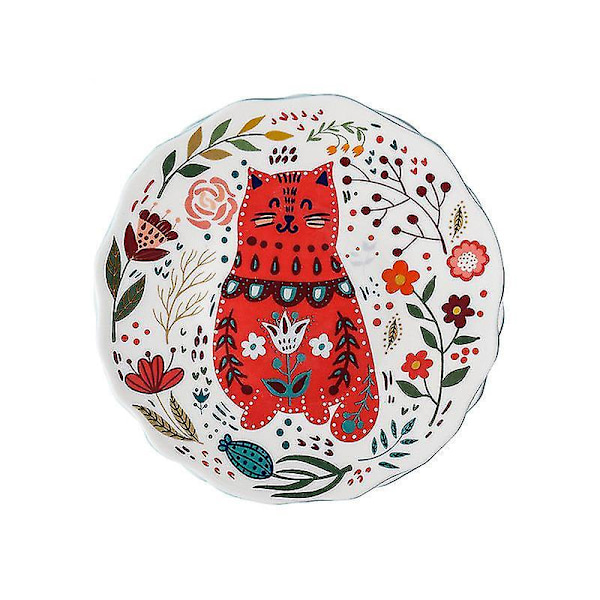Cartoon Hand Painted Cat Dinner Plate Salad Plates Ceramic 8 Inch Pizz D