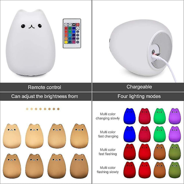 Children's Night Light, Kids Cat Lamp, Remote Control Dimmable Light With 16 Rgb