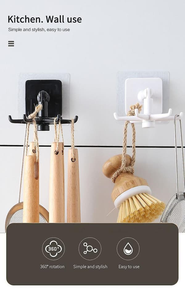 Multi-purpose Kitchen 6 Hooks 360 Rotating Folding Rack For Organizer And Storage Spoon Hanger Bathroom Waterproof Towel Hooks White