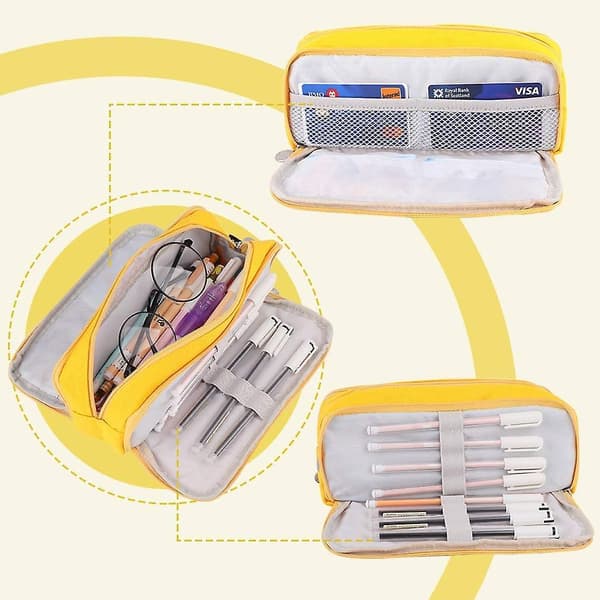 Large Pencil Case Pencil Pouch Canvas Stationery Bag With 3 Compartments For Students Yellow