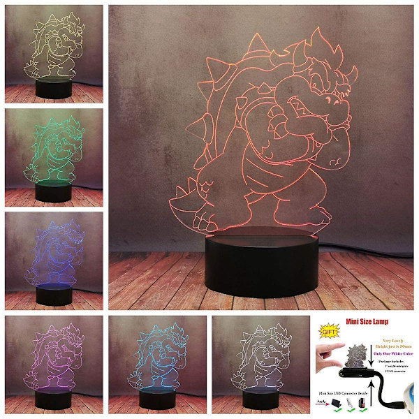 Wekity Super Mario Spil Tegnefilmslampe 3D Illusion Natlampe Bowser Stor Djævel LED Touch Lampe 16 Farveskift Bordlampe Med Fjernbetjening Kreativ