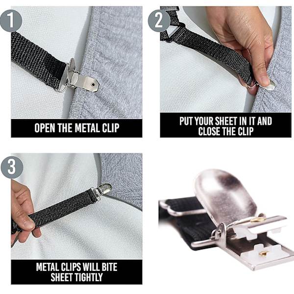 3 Clips Seng Hjørneholder Sengetøjsfastgørelser Madrasbetræk Clips Kraftige Sengetøjslagner Elastiske Stropper Justerbare 2PCS Black