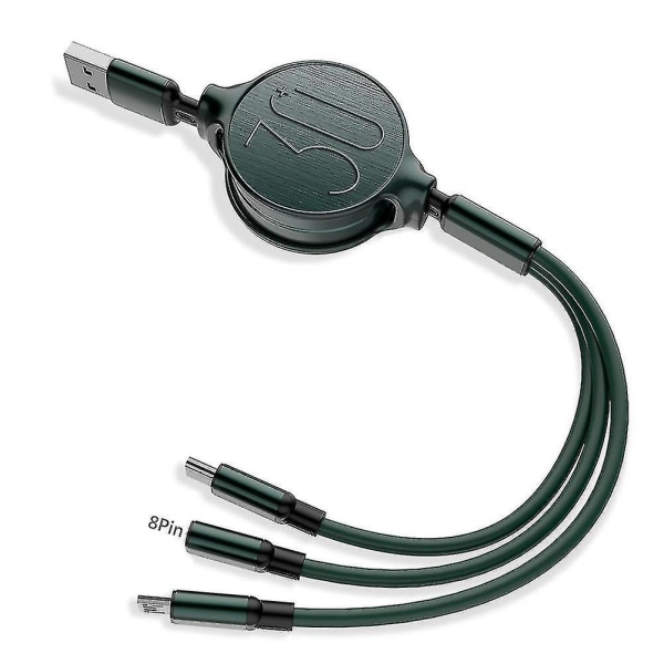 3 In 1 Retractable Micro Usb Type-c 3a Fast Charging Cable For Iphone Android Green