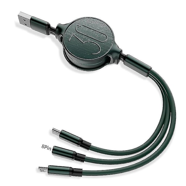 3-in-1 sisäänvedettävä Micro USB Type-C 3A pikalatauskaapeli iPhone Androidille Green