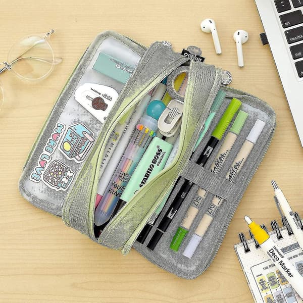 Large Pencil Case Big Capacity 3 Compartments Canvas Pencil Pouch For Students green