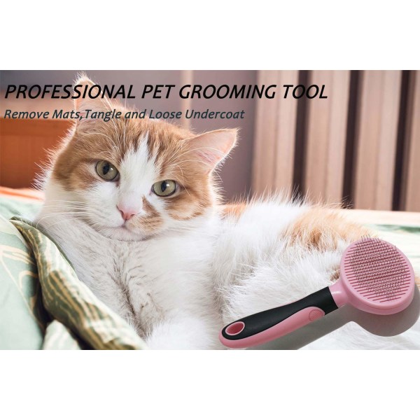Kattebørste, blød hundeplejeværktøjsbørste til hunde og katte, fjerner løs underuld, måtter sammenfiltret hår Slickerbørste til kæledyrsmassage-selvrensende Pink Pink