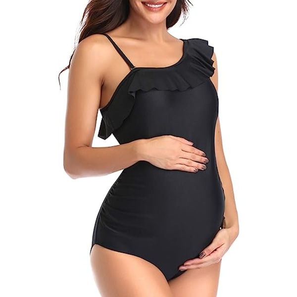 Star Maternity Off Shoulder One Piece Swimsuit Flounce Floral Ruffled Pregnancy Bathing Suit Black (S Black S