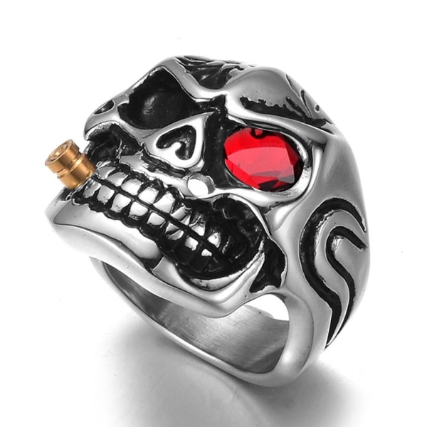 Stor ring med dödskalle skelett röd sten rock punk silver Mens: US 9