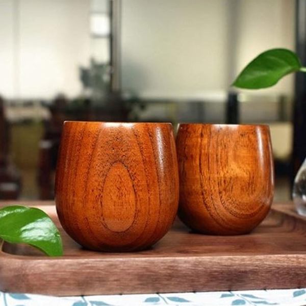 Handgjorda Trätekoppar - Miljövänliga, Multifunktionella Massiva Trätekoppar för Te, Kaffe, Vin, Öl och Varma Drycker - Set om 2 2 Pcs