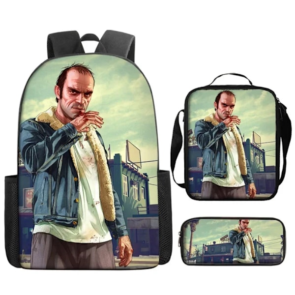 Grand Theft Auto Skolväska Ryggsäck Lunchväska Pennfodral Set Present för Barn Studenter