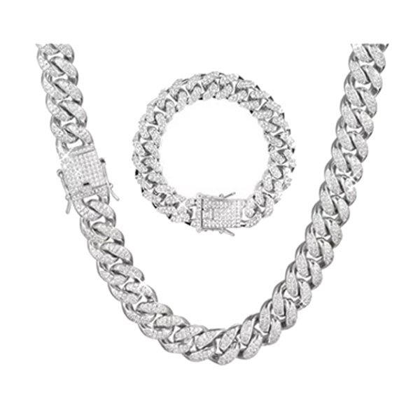 Set med 2 Silver Kubansk Kedja Rhinestone Halsband och Armband Present till Kärlekar - Perfekt för Jubileum eller Födelsedag (50cm Halsband, 20cm Armband) 50cm 20cm Silver