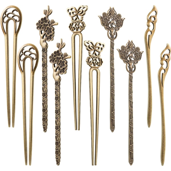 10 styk kinesisk hår Spisepinde Antik bronze dekorativ
