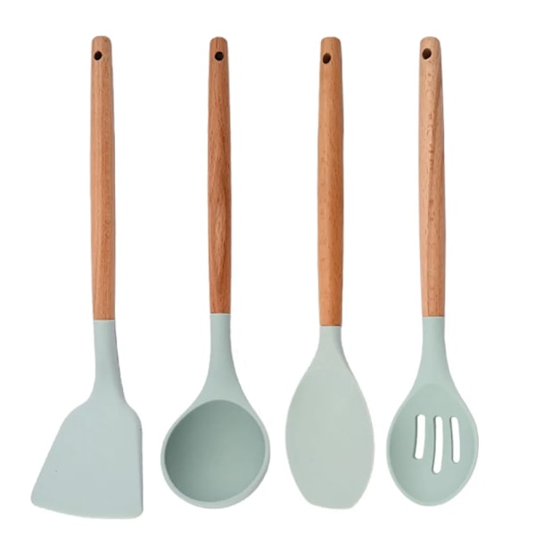 Köksredskapsset i silikon med trähandtag, non-stick, stekspade, skyffel, vispar, köksredskapsset - 4 st B Mint