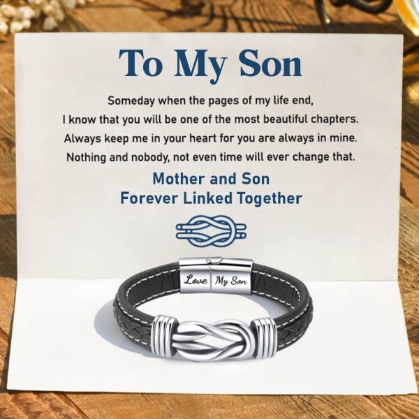 Mor og søn For evigt knyttet flettet læderarmbånd Knyttet armbånd til mænd Inspirerende fødselsdagsgave fra mor (1 stk)