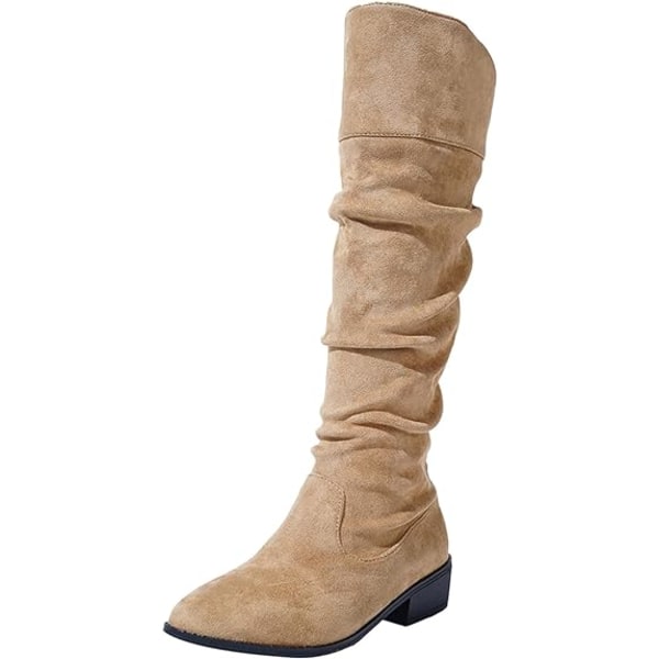 【Lixiang Store】 Imitert semsket skinn for kvinner med bred leggkne, høy lav blokkhæl, påtrekkbare cowboystøvler med spiss tå Khaki 39