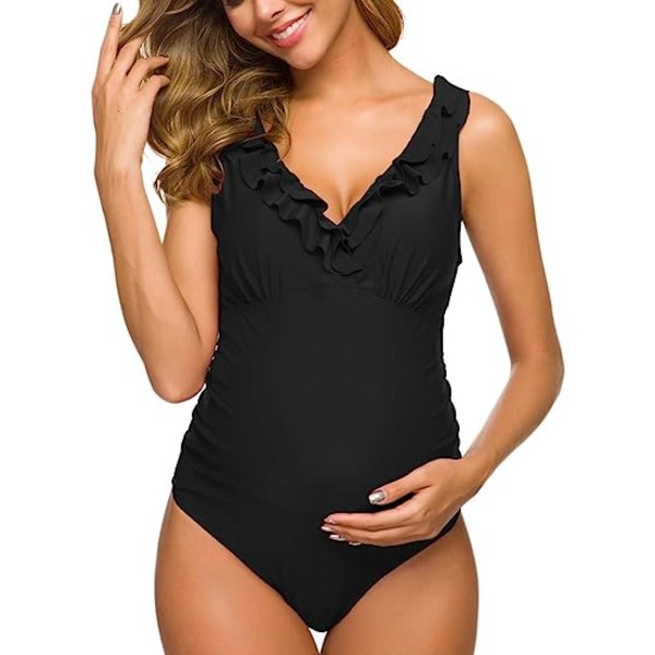 One Piece Graviditetsbadedragter Flæse Flæse Badetøj Falbala Monokini Dyb V-hals Badedragt Sort (XL XL