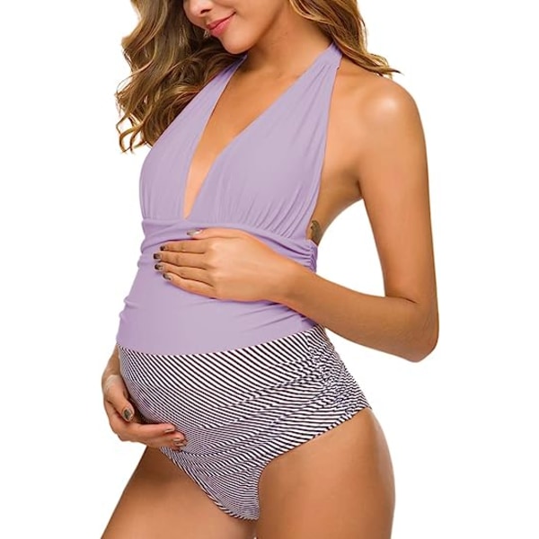 One Piece Maternity Swimsuits Stripe Halter Swimwear Deep V Neck Monokini High Waisted Bathing Suits Purple (S Purple S