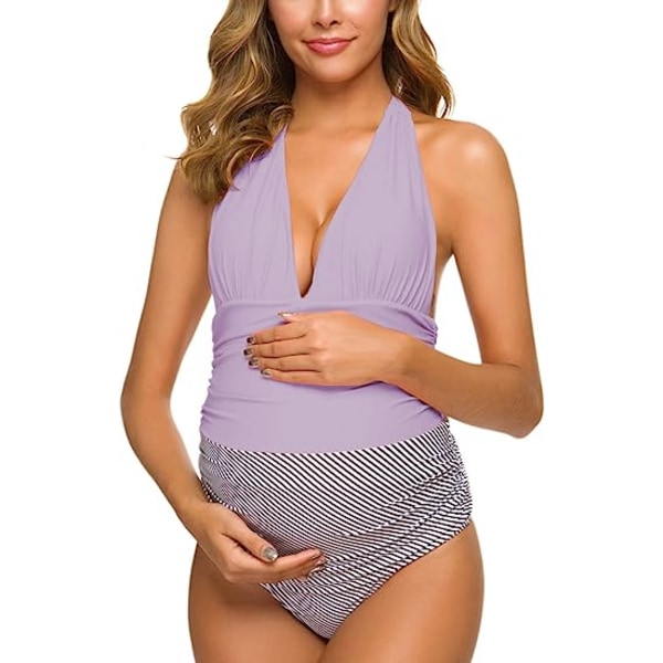One Piece Maternity Swimsuits Stripe Halter Swimwear Deep V Neck Monokini High Waisted Bathing Suits Purple (S Purple S